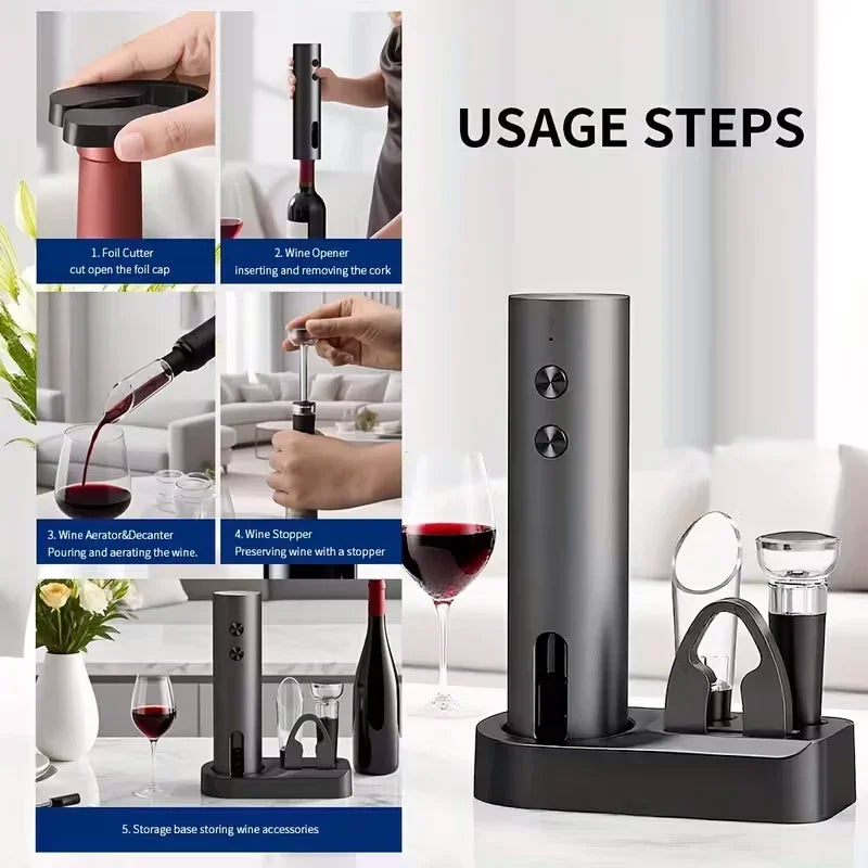 Rechargeable Electric Wine Opener with Foil Cutter, Wine Pourer & Vacuum Stopper USB-C Charging Compact Design for Home Kitchen