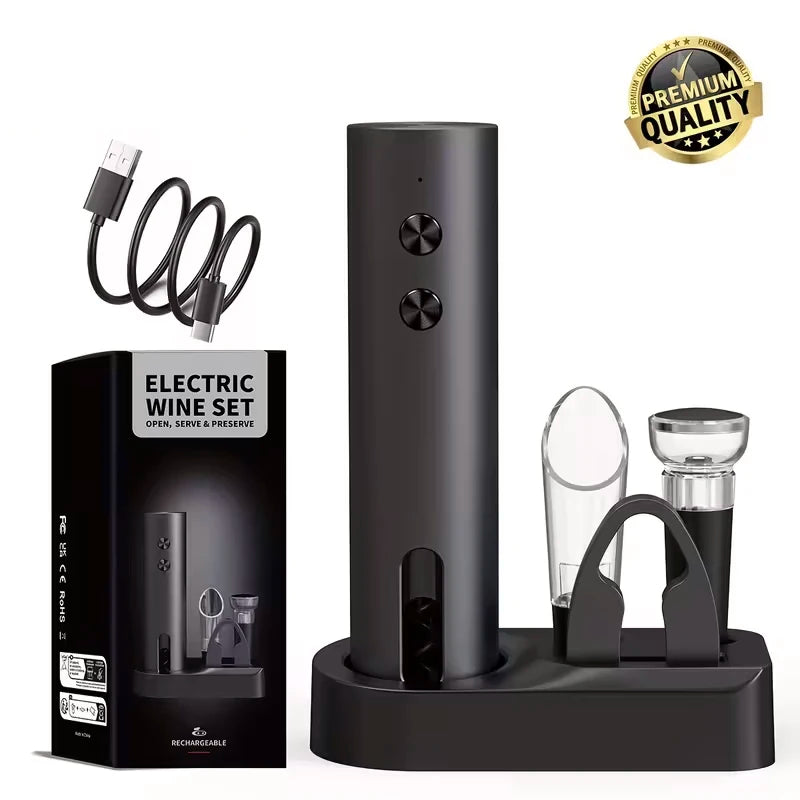 Rechargeable Electric Wine Opener with Foil Cutter, Wine Pourer & Vacuum Stopper USB-C Charging Compact Design for Home Kitchen