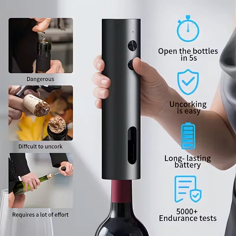 Rechargeable Electric Wine Opener with Foil Cutter, Wine Pourer & Vacuum Stopper USB-C Charging Compact Design for Home Kitchen