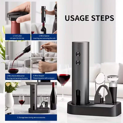 Rechargeable Electric Wine Opener with Foil Cutter, Wine Pourer & Vacuum Stopper USB-C Charging Compact Design for Home Kitchen